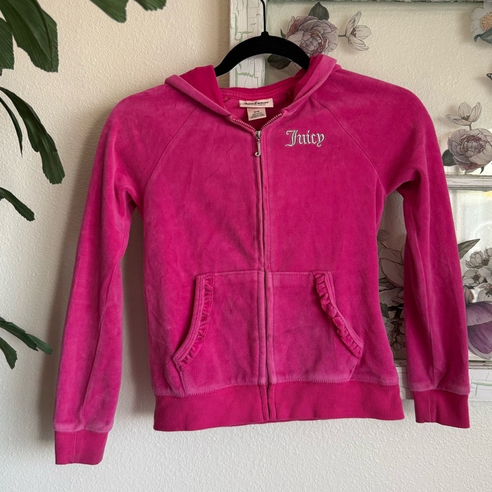 Juicy Couture Bright Pink Velour Zip Hoodie with Ruffle Pockets Girls Size 8/10